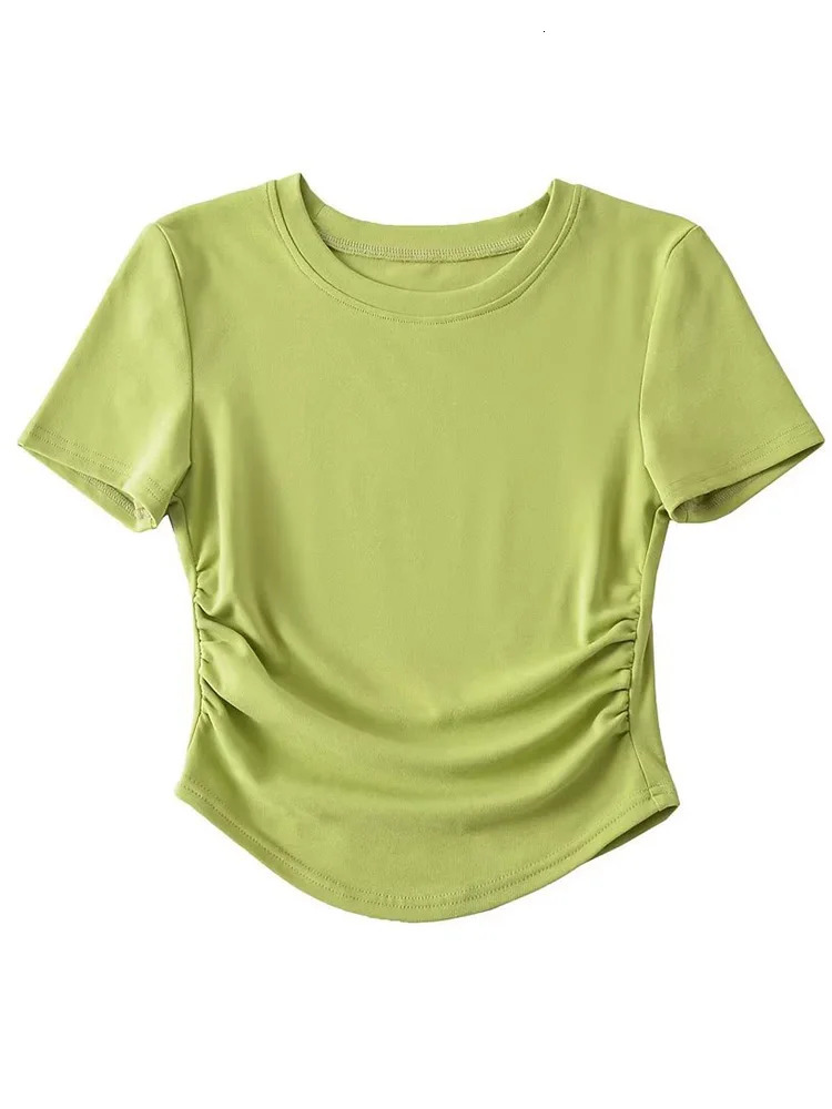 Harajuku Women Crew Neck Short Sleeve Cotton Tee With Ruched Sides Detail T-shirts 250618