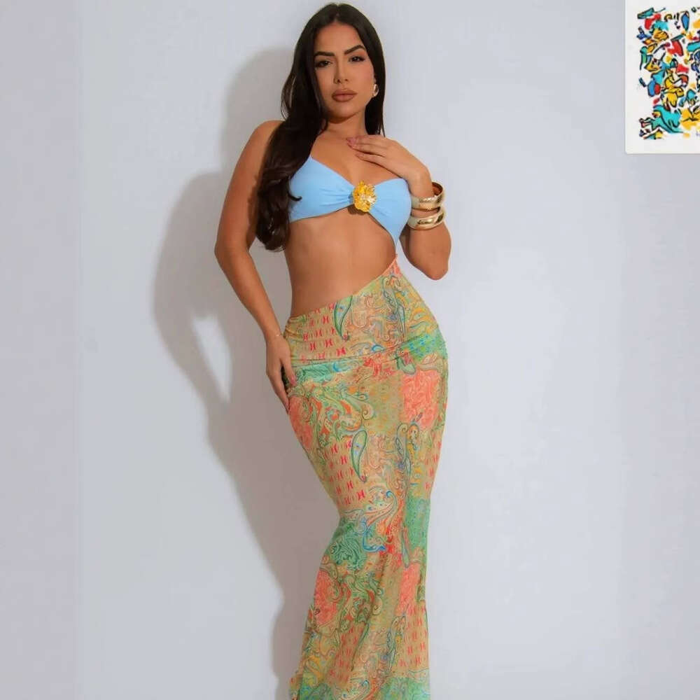 Summer New Women's Sexy Printed Strapless Backless Slim Fit Asymmetrical Long Dress B5