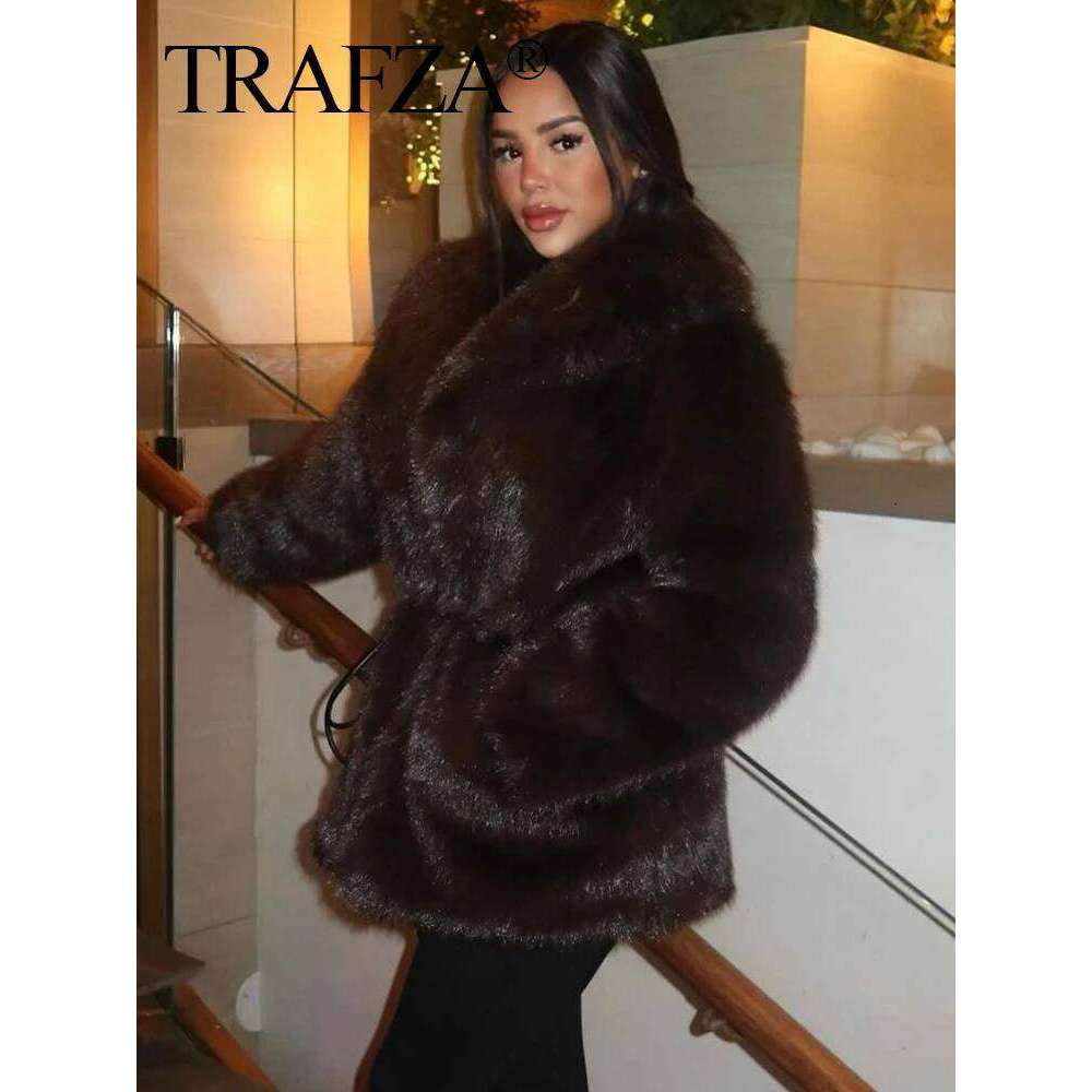 TRAFZA Winter Coat Woman Trendy Solid Turn Down Collar Long Sleeves Belt Decoration Female Vintage Thick And Warm Outerwear