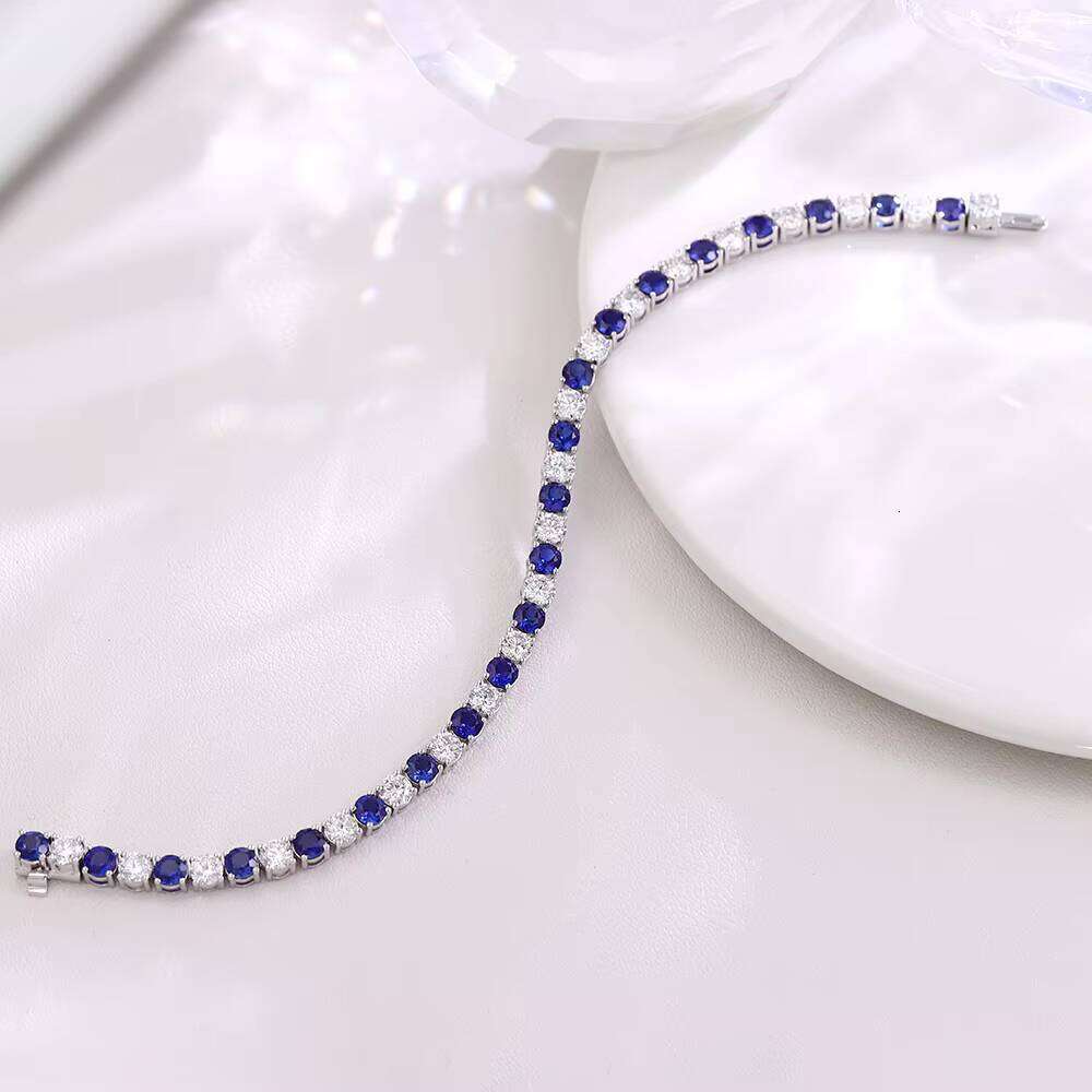 Premium Jewelry Lab-Grown 4mm Deep Blue with 14k White Gold Tennis Chain Bracelet