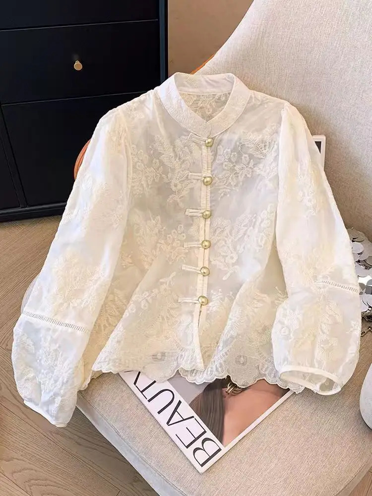 Flower Embroidery Chic Lace Splicing Tangsuit Button Shirts Women Jackets Chinese Cheongsam Hanfu Vintage Thin Coats Summer 250613