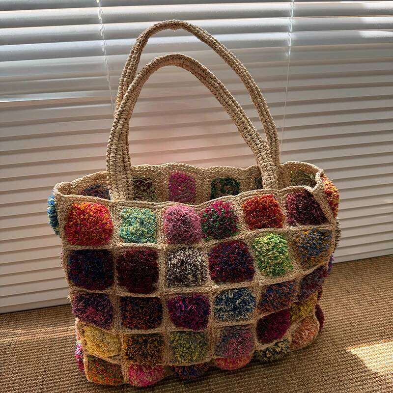 Bohemian Lafite Square Staw Handbags Casual Paper Woven Handle Women Hand Bags Handmade Summe Beach Bag Large Tote Purse
