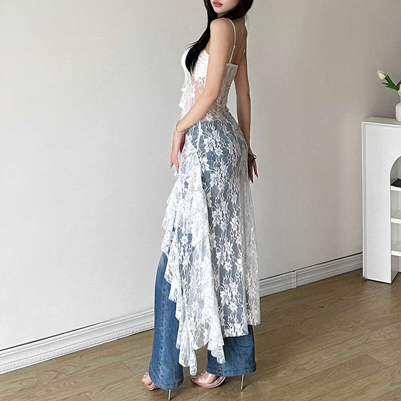 Summer New Women's Solid Color Slim Fit High Waist Fashion Spaghetti Strap Backless Lace Dress B5