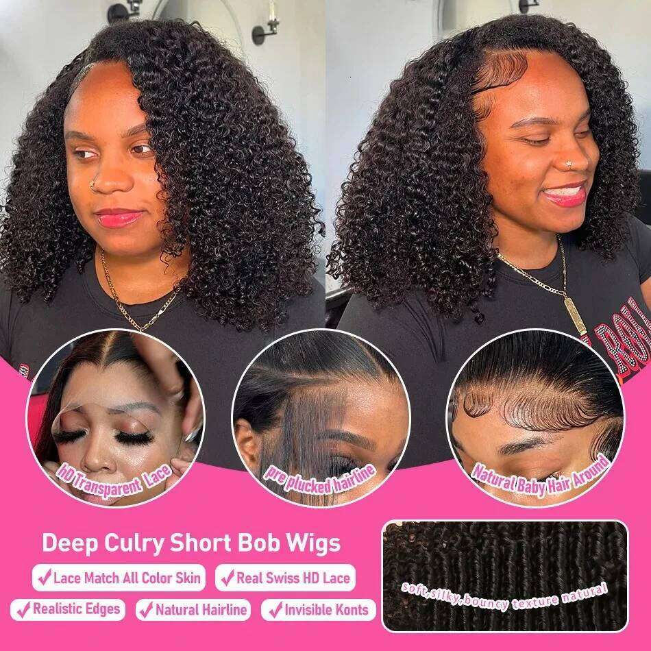 Linktowig Curly Short Bob 13x6 HD Human Hair Wigs Deep Wave 13x4 Transparent Lace Front 5x5 Closure Wig For Women