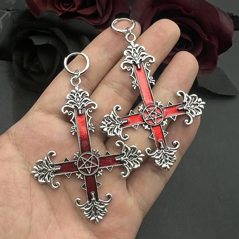 Gothic Large Silver Colour Enamel Cross Earrings with Black Punk Hallowmas Jewellery Gorgeous Wedding Statement Women 250617