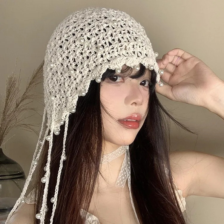 Lace-Knit Pearl Fringed Beanie Hat for Women - Ethnic Summer Crochet Pull-On Cap in Vintage Style 250618