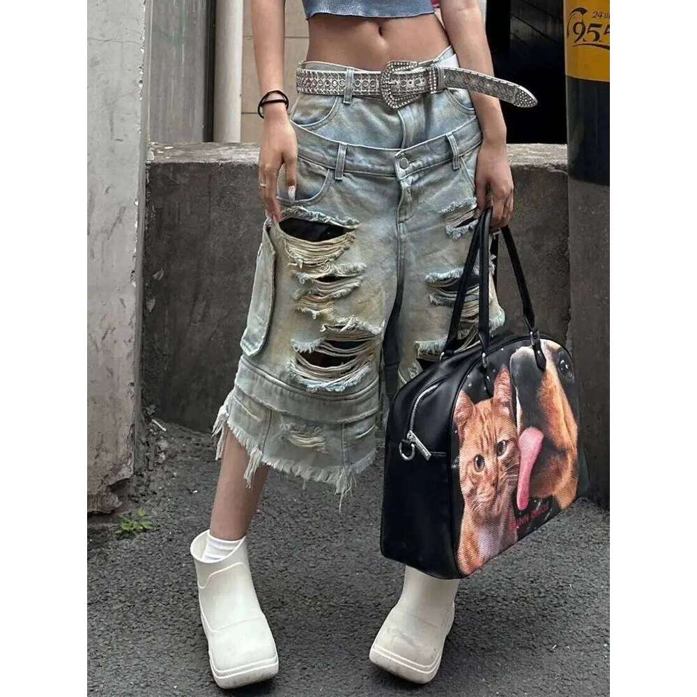 Wear Retro Double Waist Wash Old Ripped Jeans For Women New Fashion Street Wide-Leg Pants Haruku Y2k Cropped Shorts