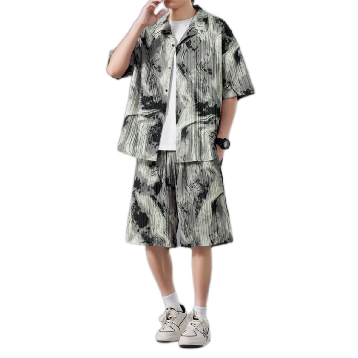 Summer Men's Designer Ice Silk Tie-Dye Beachwear Set Thin Loose Linen Shirt & Shorts Luxury Casual Collection