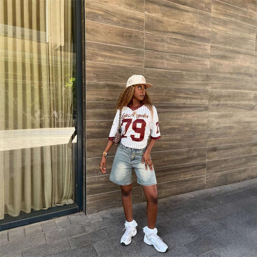 New Casual Fashion Loose Street Print Trendy V-Neck Short Sleeve Top Sports Style Striped T-Shirt B5