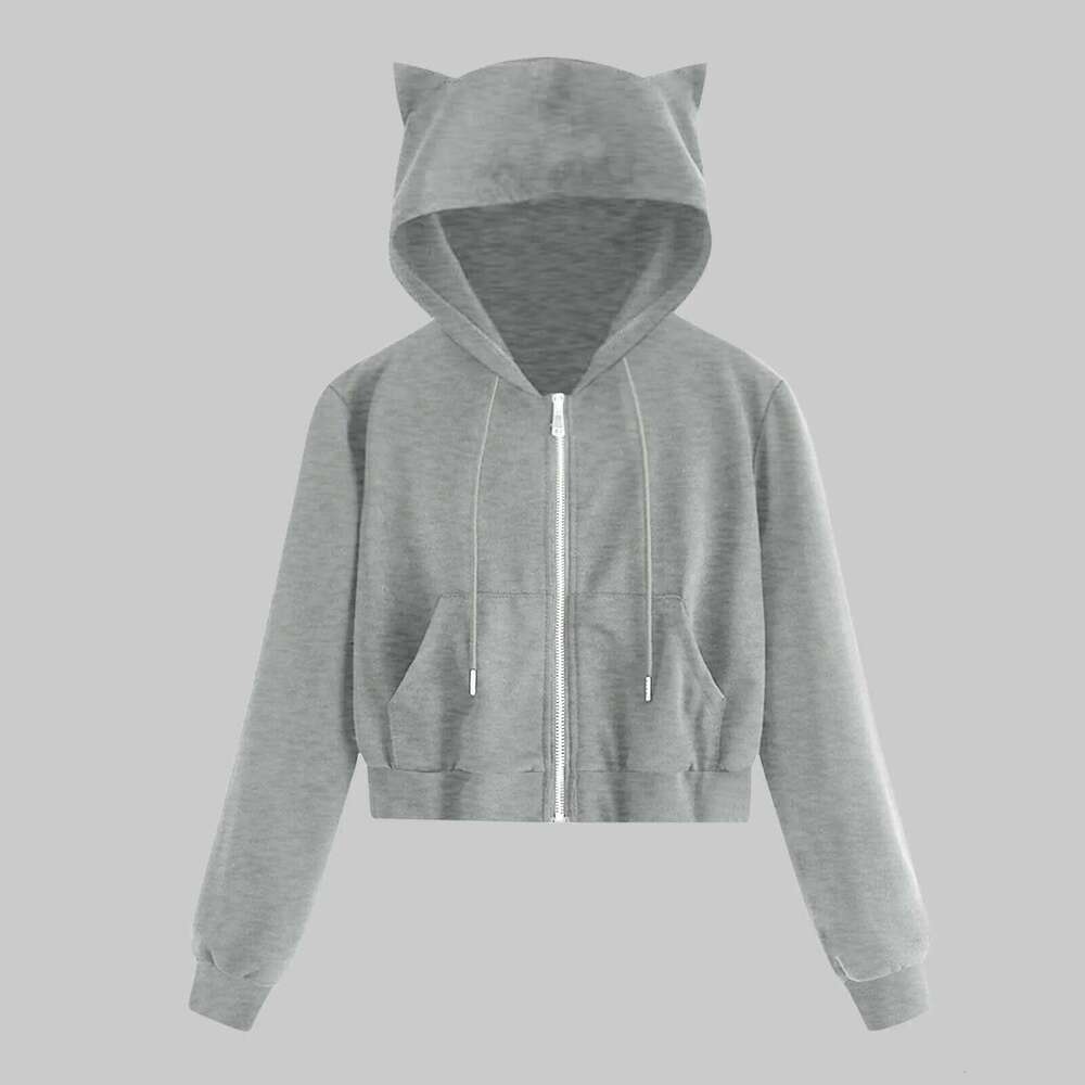 Women's Short-Cropped Hoodie with Cute Bunny Ear Details & Practical Zippered Side Pocket