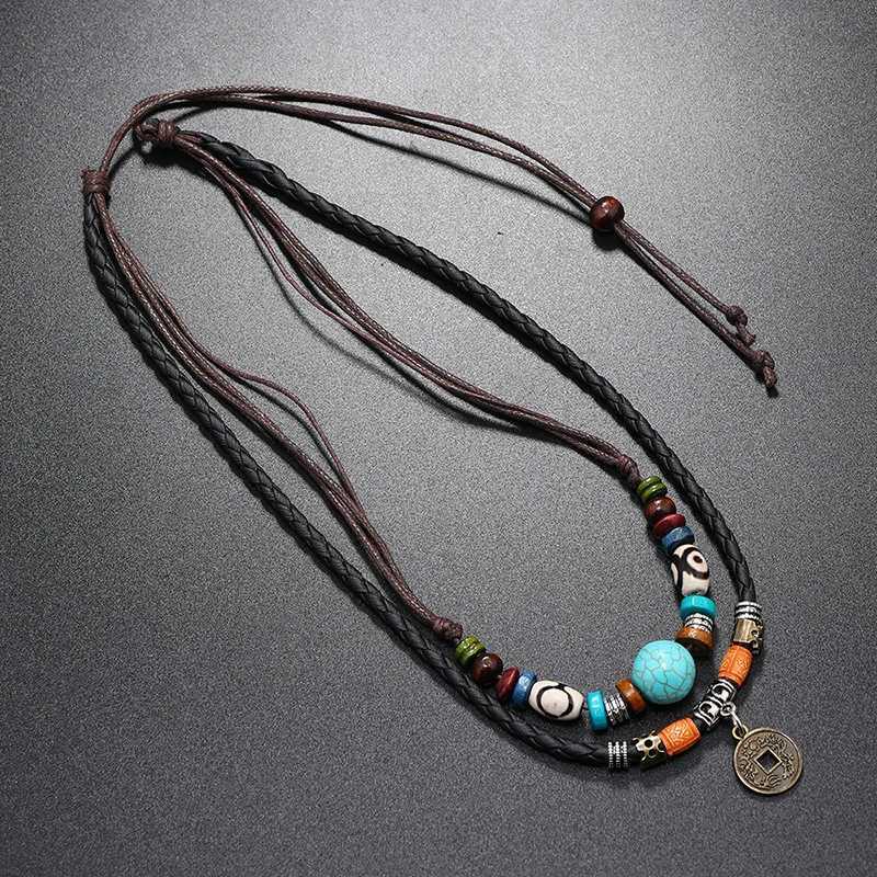 Mole Goth Mti-layer Vintage Coin Pendant Leather Beaded Weaved Prayer Necklace Fashion Jewelry GiftsC250617