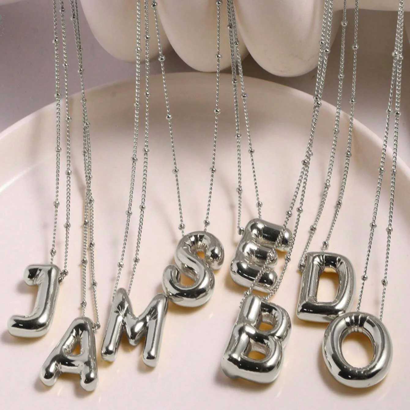Party Balloon Bubble Alphabet Letter Pendant Necklaces for Women Silver Color Stainless Steel Initials Name Customized Jewelry W250618