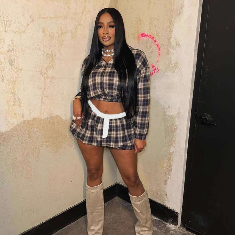 New Fashion Millennial Girl Grid Print Zipper Jacket Top With Puff Short Skirt Set B5