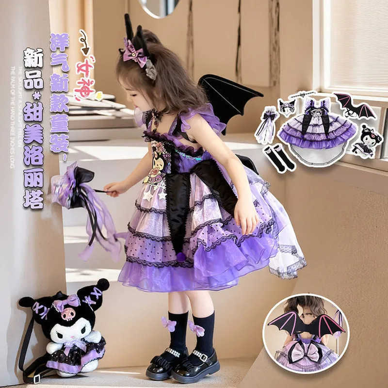 Sanrio Girls Kuromi Lolita Dress Princess Skirt Spring Summer Slip Dress Headband Wings Necklace Children Party Dress Cosplay CostumeXJ250618