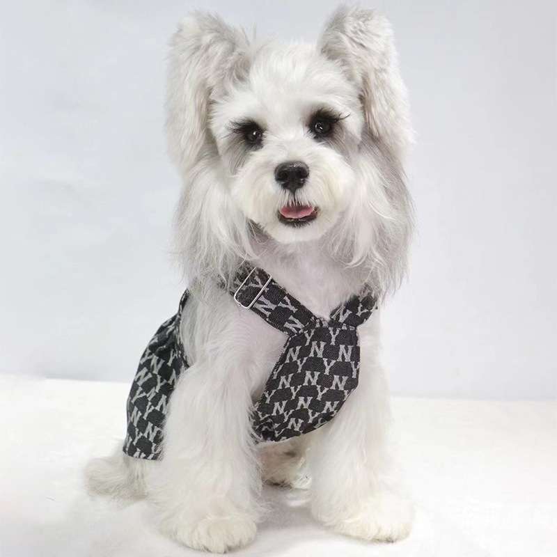 Pet Dog Harness Dress, Luxury Imitation Design 'NY' Pattern Letter print, Princess Puppy Dresses with Button Closure, Summer Dog Clothes for