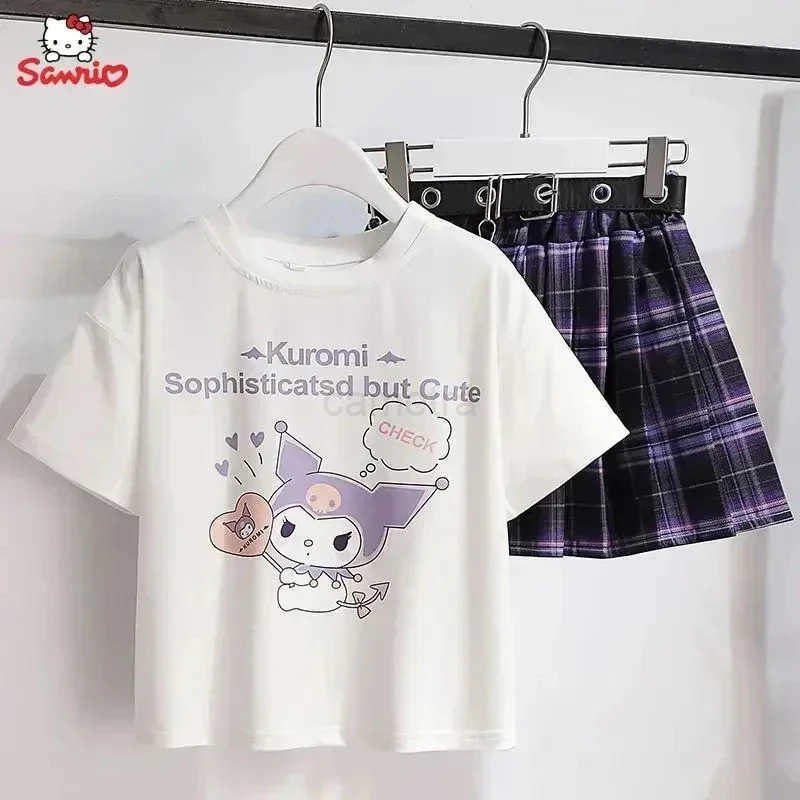 Sanrio Kawaii Kuromi Short Sleeves Skirt Suit Sanrio Anime Child Preppy Style T-shirt Pleated Skirt Student Fashion Trend JK Uniform TwXJ250618