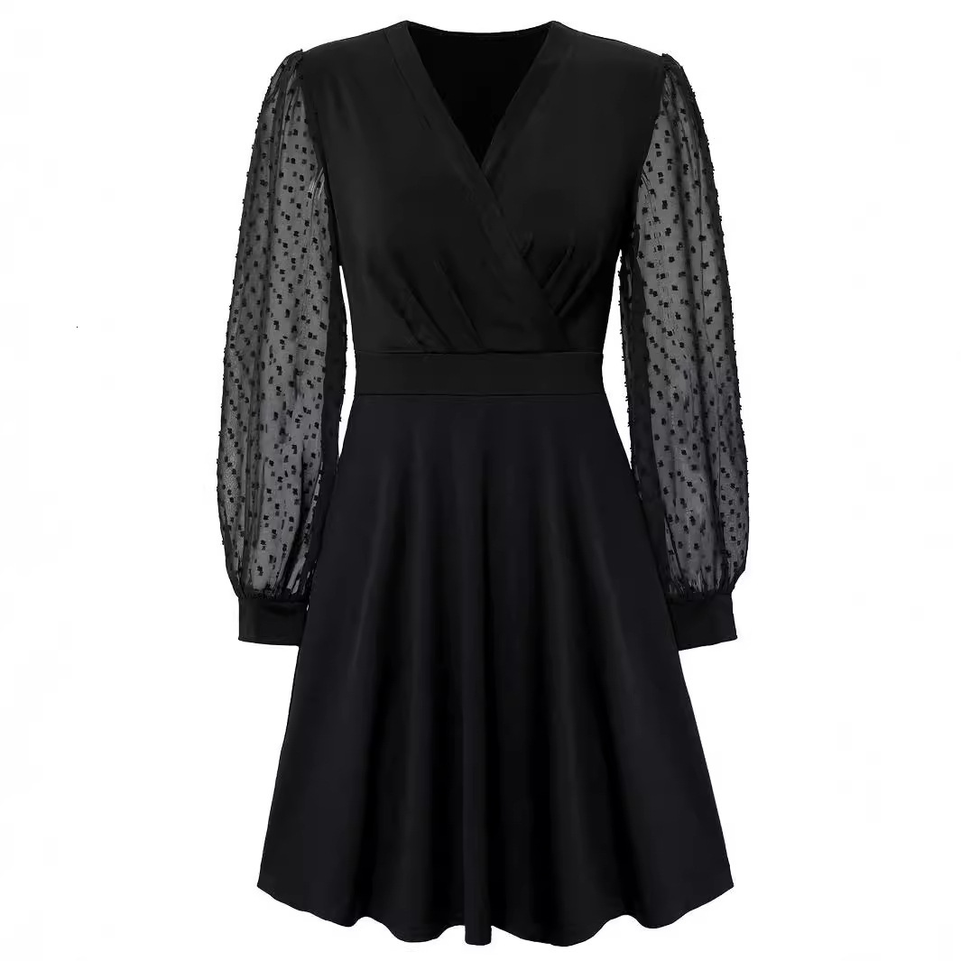Womens 2024 Autumn/Winter New Casual V-neck Solid Color Jacquard Dress for Women