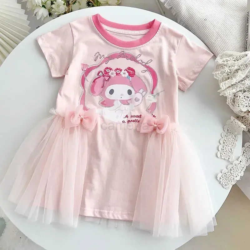Sanrio Sanrio T-shirt dress summer cute cartoon hello kitty girl kuromi short sleeve hot diamond princess skirt childrenXJ250618