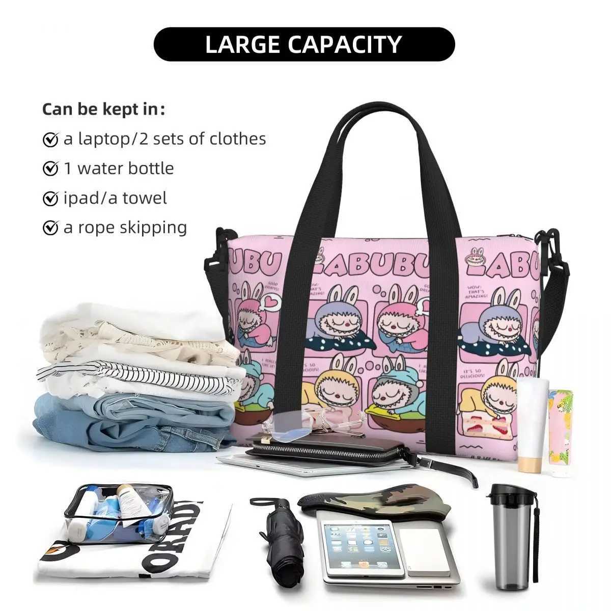 Custom L-Labubus Doll Beach Tote Bag for Women Extra Large Gym Carry On Playful Monster Travel Shopping Bags W250618