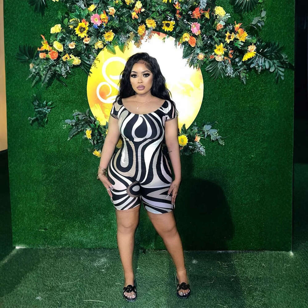 Summer Trend Striped Geometric Pattern Crew Neck Short Sleeve Jumpsuit B5