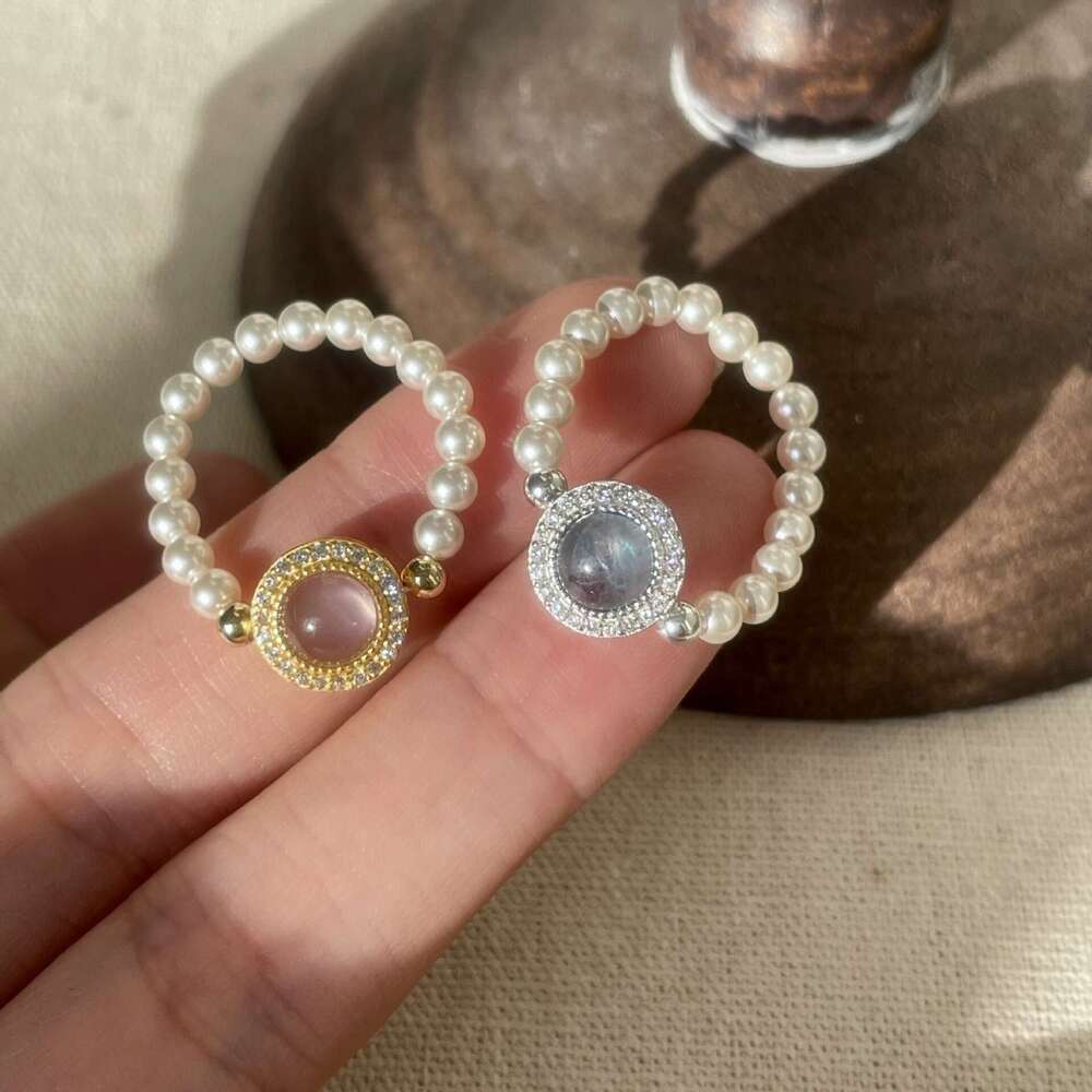 High Aquamarine Pink Imitation Agate Pearl Fashionable High-end Elastic Rope Internet Celebrity Index Finger Ring