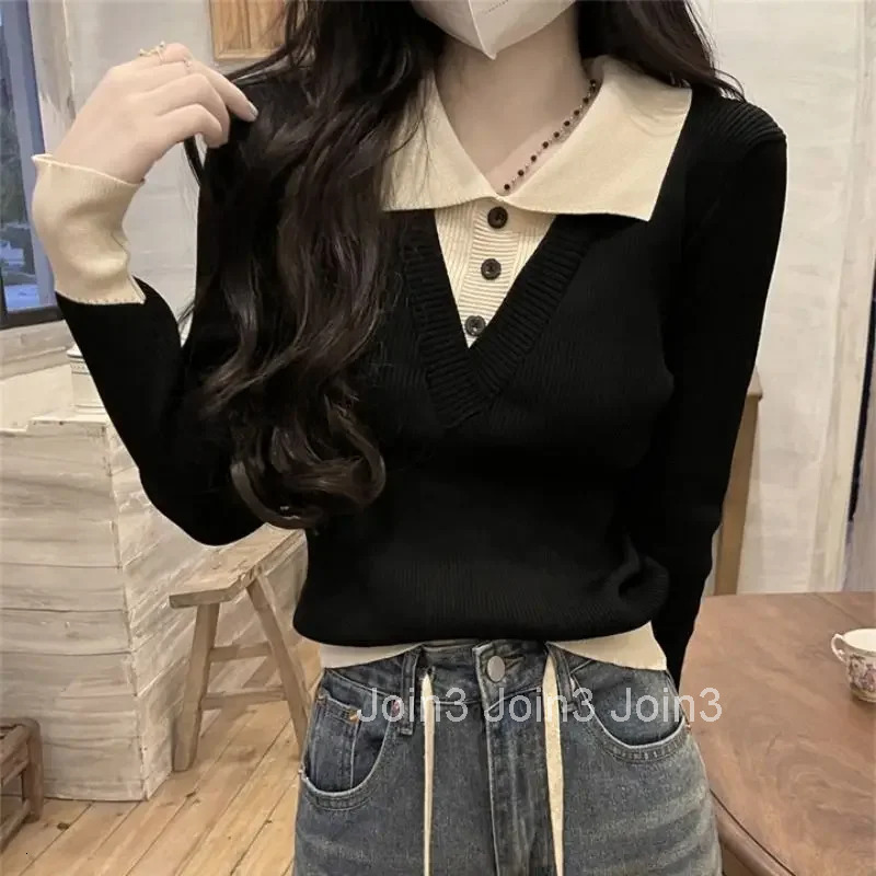 Button Knitted Woman Tshirt Long Sleeve Basic Fashion 2025 Casual Tops Pretty With Collar New Youth Polo Neck T Shirt for Women