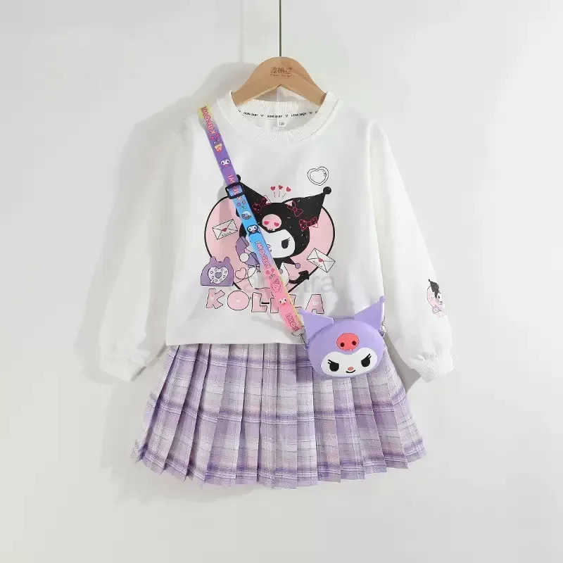 Sanrio Anime Sanrio Children Clothes Kids Set Kuromi Long Sleeve Sweater Tops Checkered Pleated Skirt Girls Festival Clothing Gift XJ250618