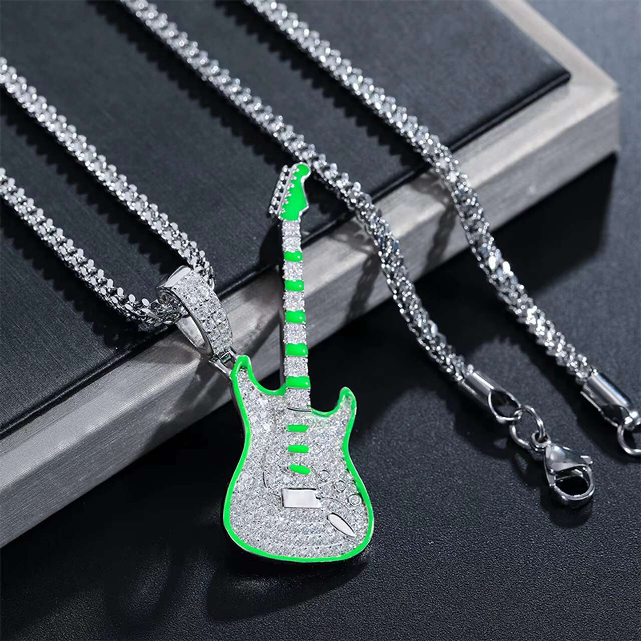 Glow in the Dark Series High Quality 925 Sterling Silver VVS Moissanite Diamond Iced Guitar Pendant Necklace