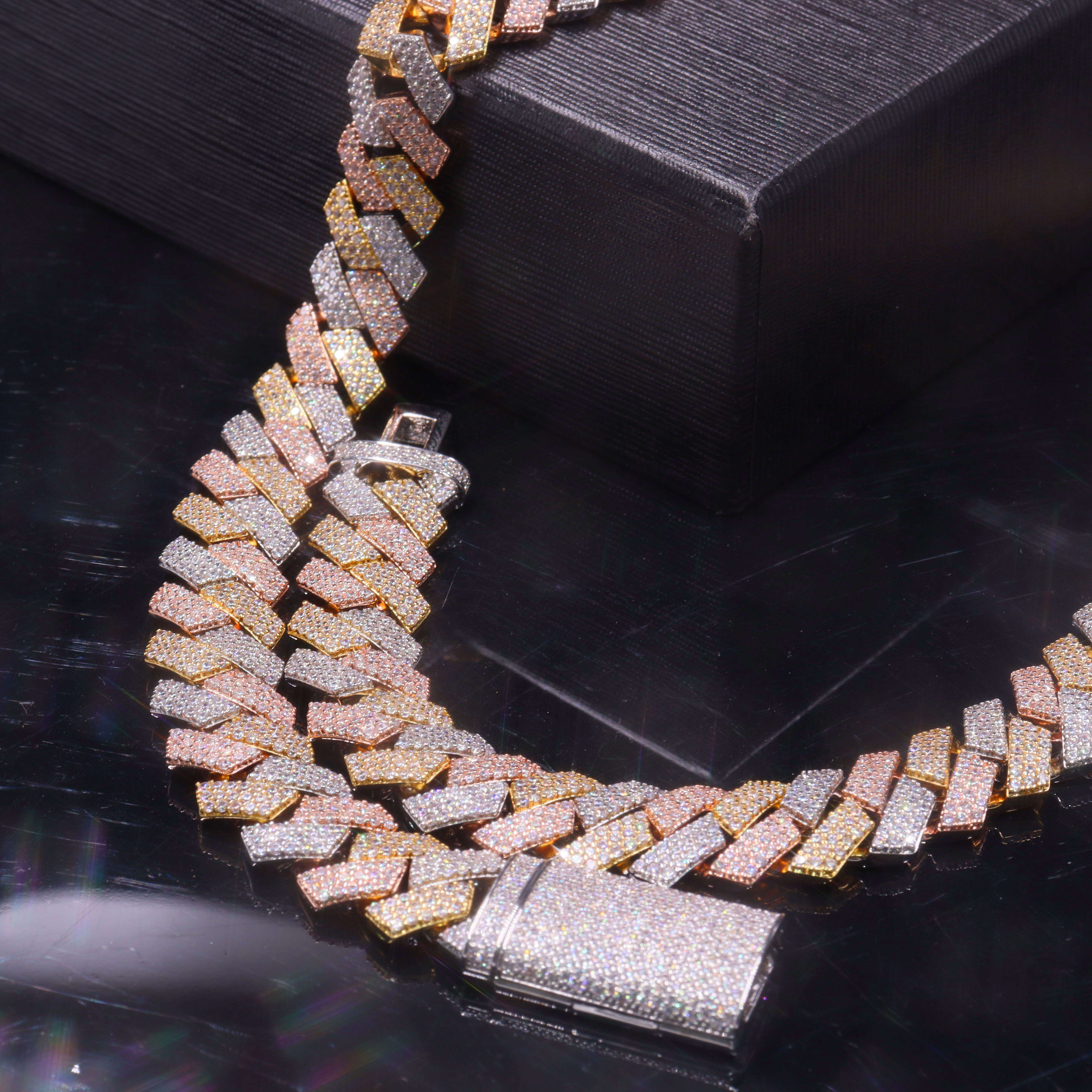 Wholesale Vvs Moissanite Three Color Rose Gold Silver Gold Plated Miami 13mm Cuban Link Chain for Men Women
