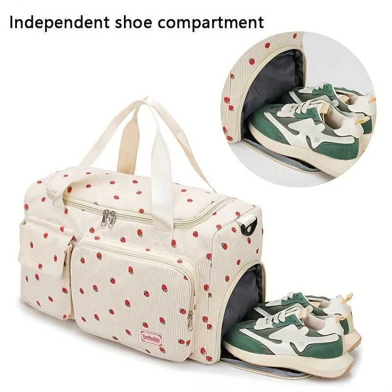 Large capacity strawberry printed travel bag multifunctional dry wet separation independent shoe box casual style W250618