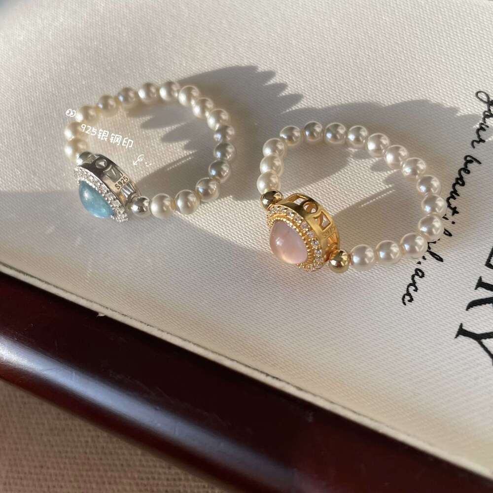 High Aquamarine Pink Imitation Agate Pearl Fashionable High-end Elastic Rope Internet Celebrity Index Finger Ring