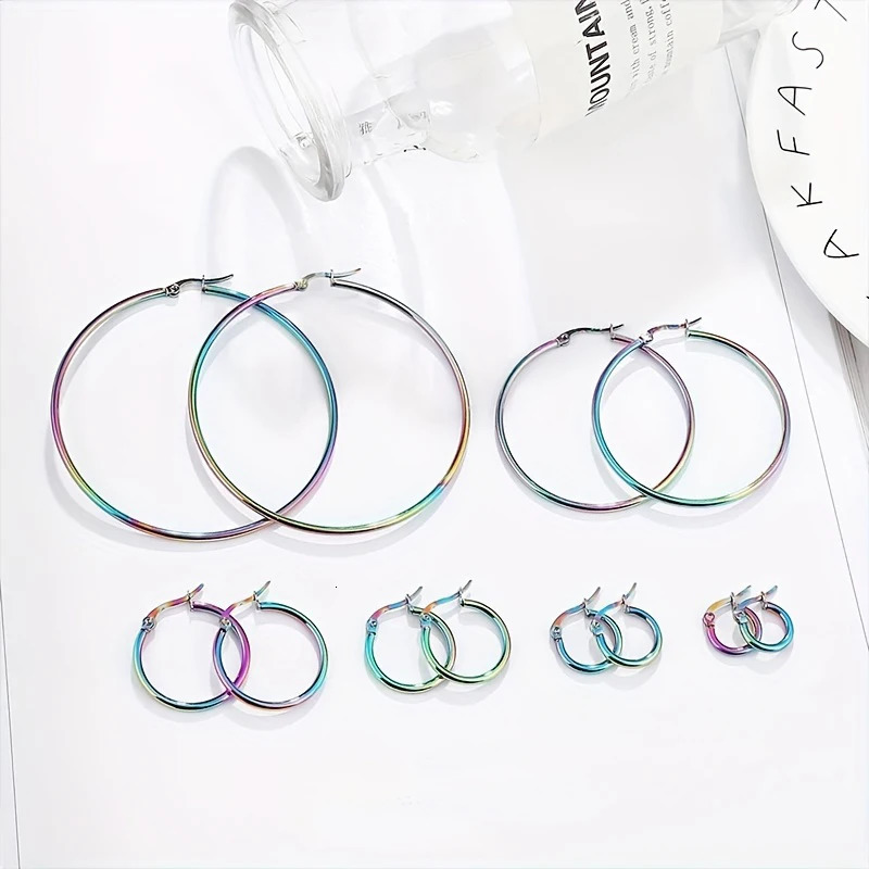 6 Pairs Fashion Simple Colorful Stainless Steel Hoop Earrings for Women Men Big Small Circle Round Ear Jewelry Size 10-40mm 250603