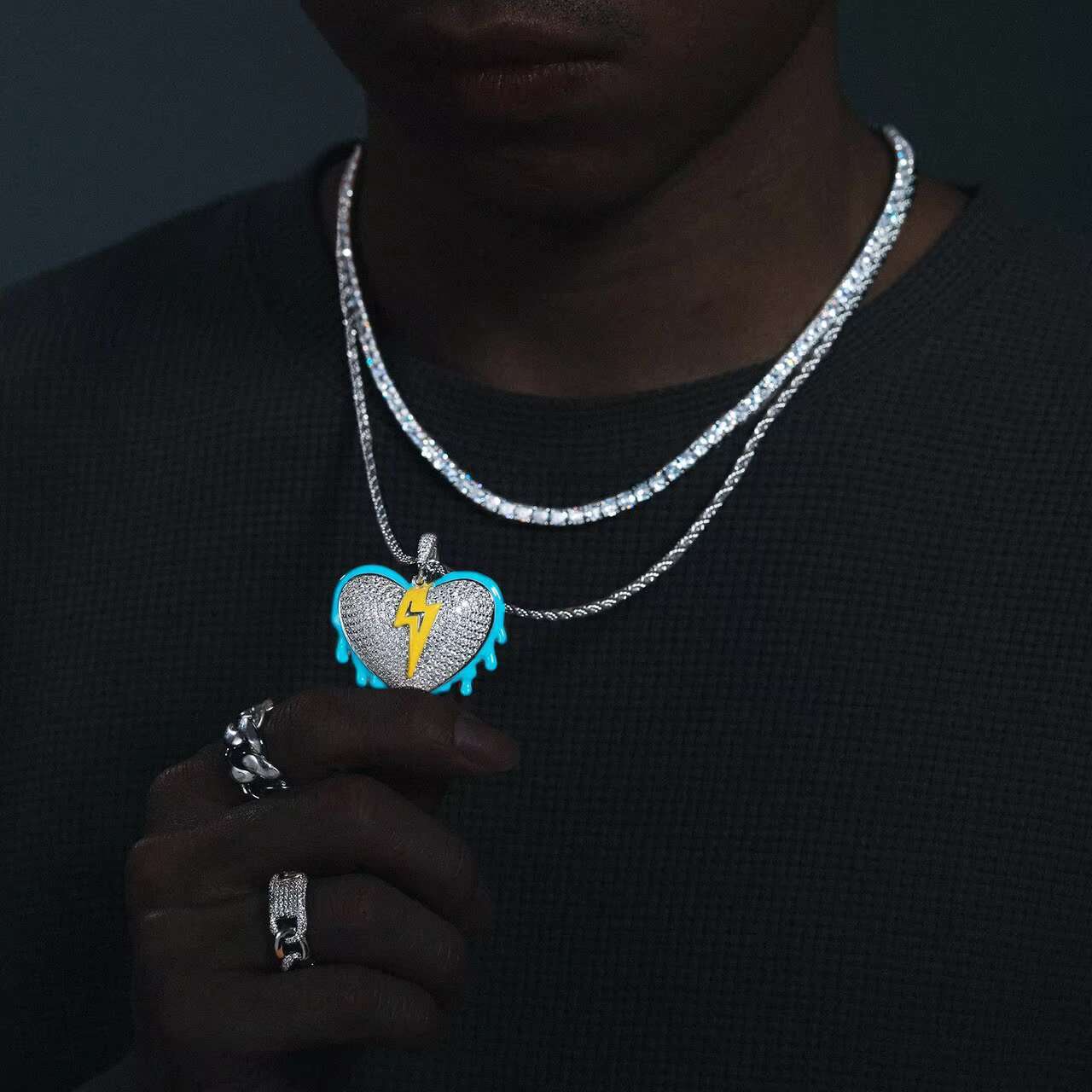 New Trendy VVS Moissanite Diamond Pendant Necklace in 925 Silver Glowing Dark Heart Hip Hop Style Fashionable Pendants Charms