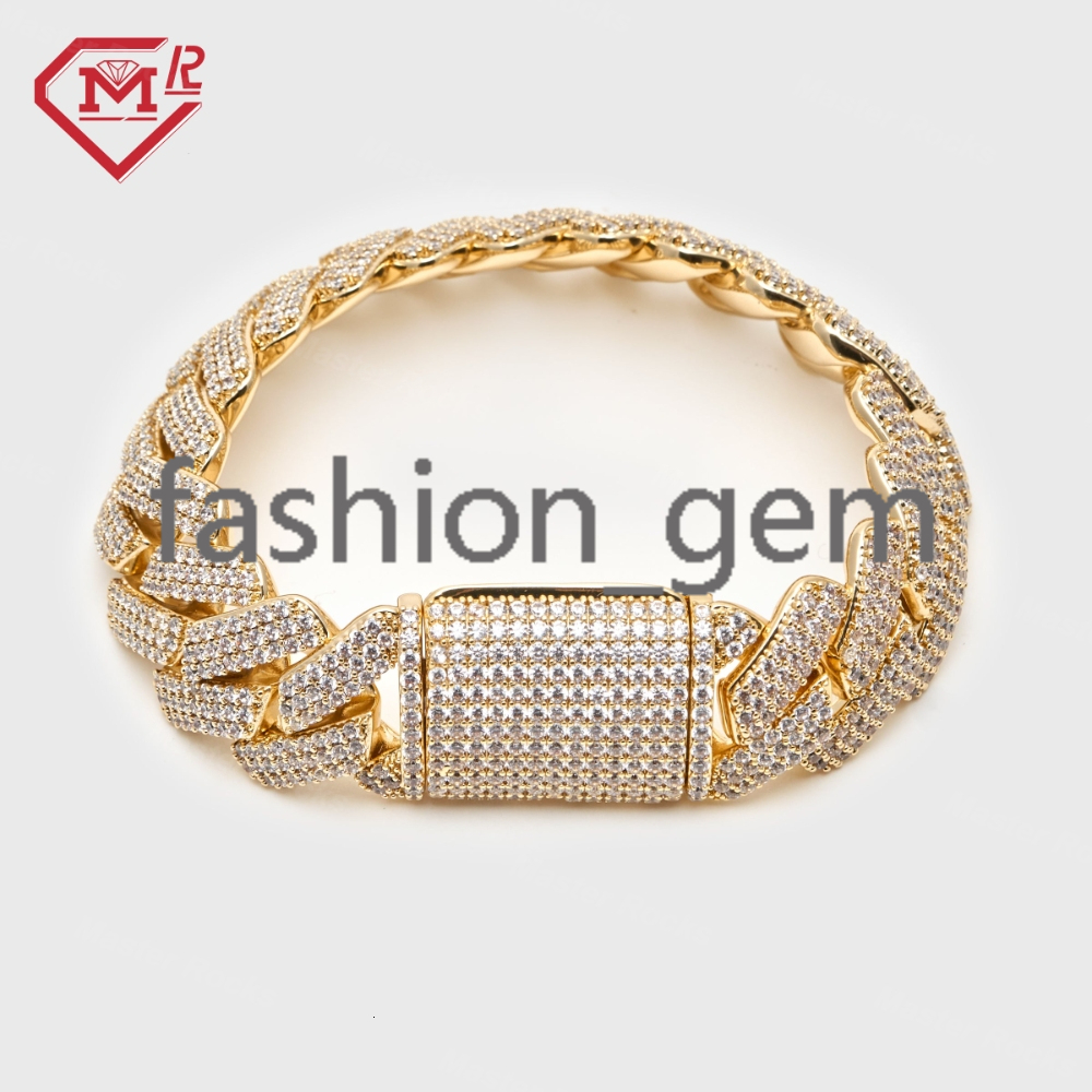 High End Custom Prong Setting Vvs Diamond Bracelet 19mm 3rows 925 Sterling Silver Moissanite Cuban Link Bracelet