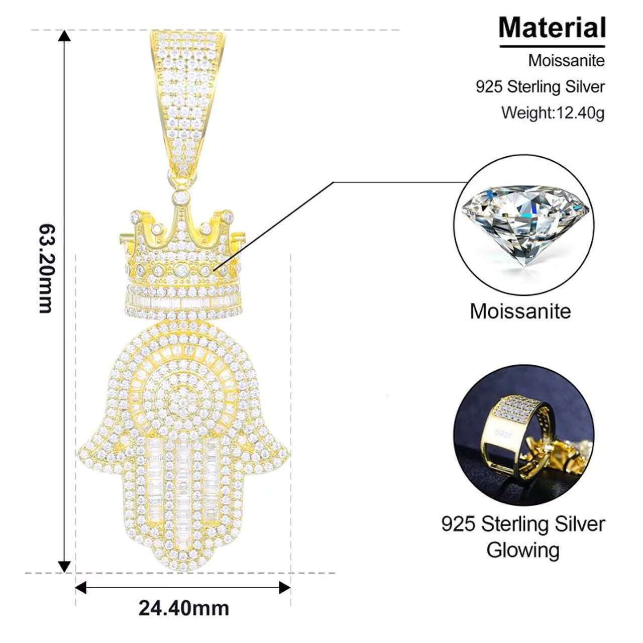 New Arrival Iced Blinged out Fatima Hamsa Hand Kings Crown 925 Silver Pendant Chain Moissanite High Quality Pendants Charms