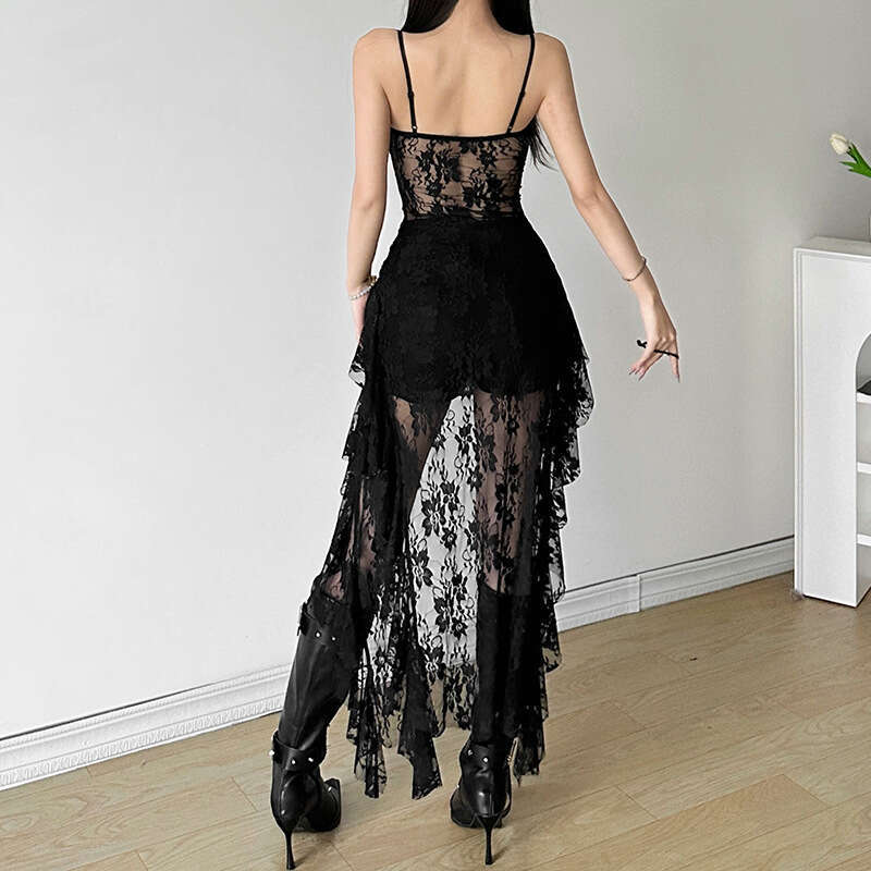 Summer New Women's Solid Color Slim Fit High Waist Fashion Spaghetti Strap Backless Lace Dress B5