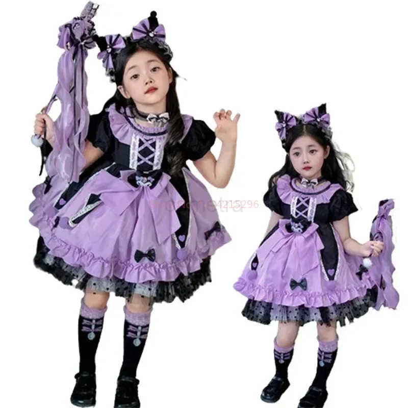 Sanrio 2024 Sanrio Cosplay Kuromi Lolita Princess Dress Summer Childrens Costume Dress Puffy Skirt Suit Cute Girl Birthday Kawaii Gift XJ250618