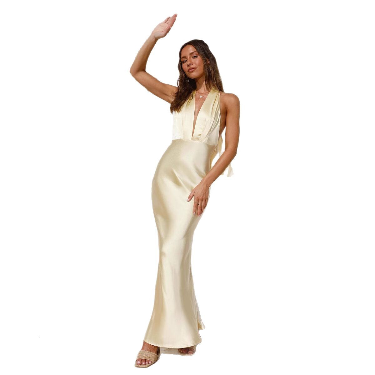 2025 Spring Summer New Womens Sexy Waist-Cinching Halter Neck Backless Solid Color Sleeveless Dress