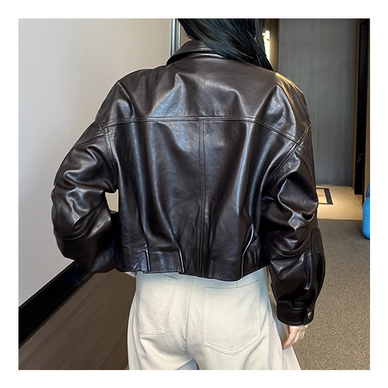 Small leather jacket, short jacket, new year, spring and autumn design, retro style, lapel PU leather motorcycle jacket