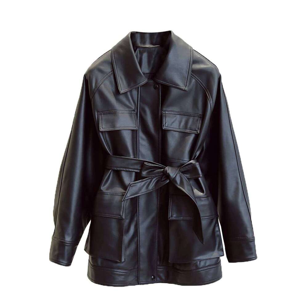 Fitaylor Women PU Jacket Vintage Lapel Zipper Faux Leather Coat High Street Motorcycle Outwear with Belt