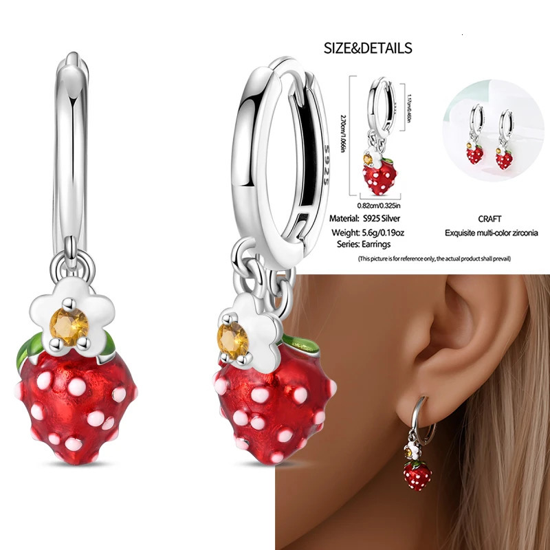 Original Earrings 925 Silver Fruit Series Cherry Strawberry Hoop Earrings Ear Studs Zircon Making Jewelry for Women Girl Party 250617