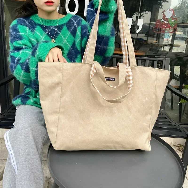 Women Canvas Shoulder Bags Plaid Double-sided Large Capacity Handbags Female Shopping Portable Lazy All-match Foldable Tote Bag W250618