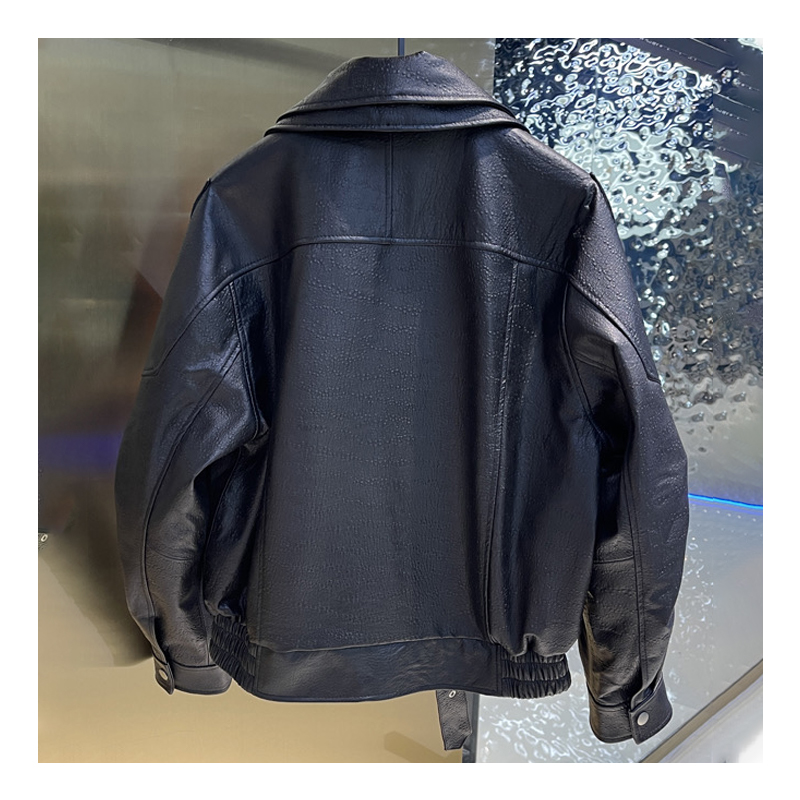 Cross border leather jacket, women's spring and autumn short style motorcycle style PU leather lapel jacket, slim fit leather jacket