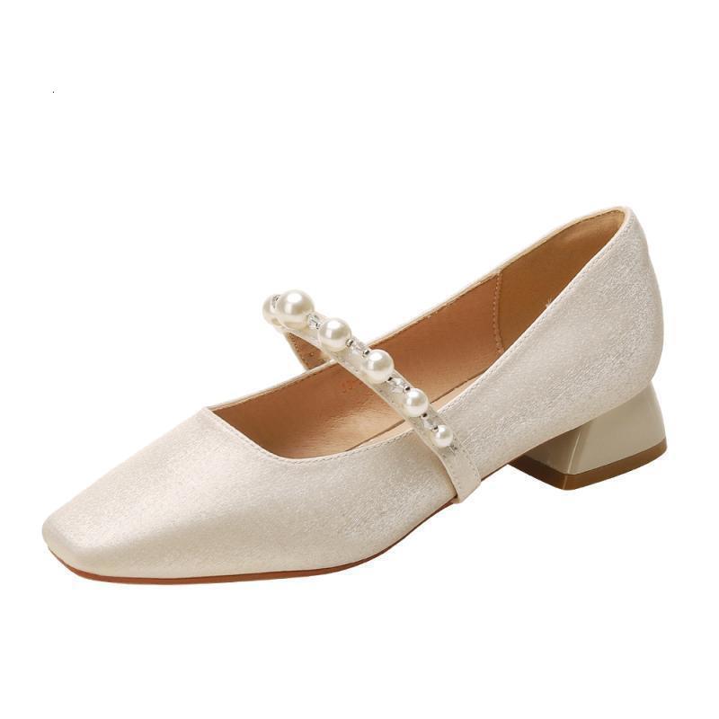 French Style Satin Low Wedding Pearl Strap Mary Jane Single Chunky Heel Square Toe Women's Bridesmaid Bride Shoes ddmythur