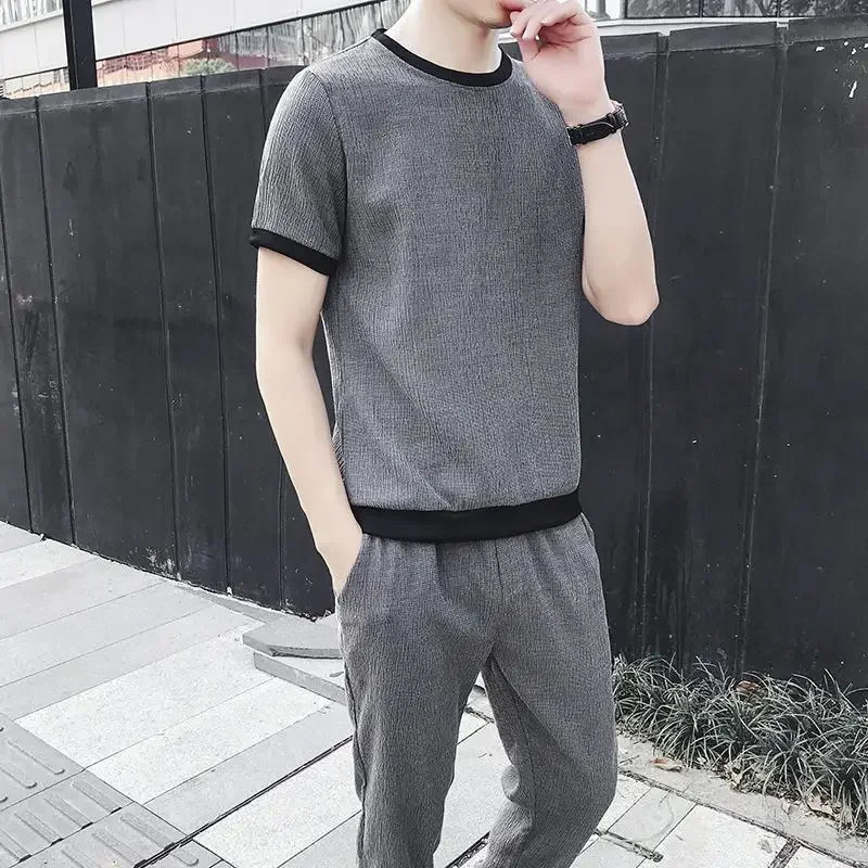 Male T Shirt Trousers Sets Sweatshirts Plain Tracksuit Mens Pants Set Sweatsuit Offer Premium Casual Elastic Tee Stylish 250617