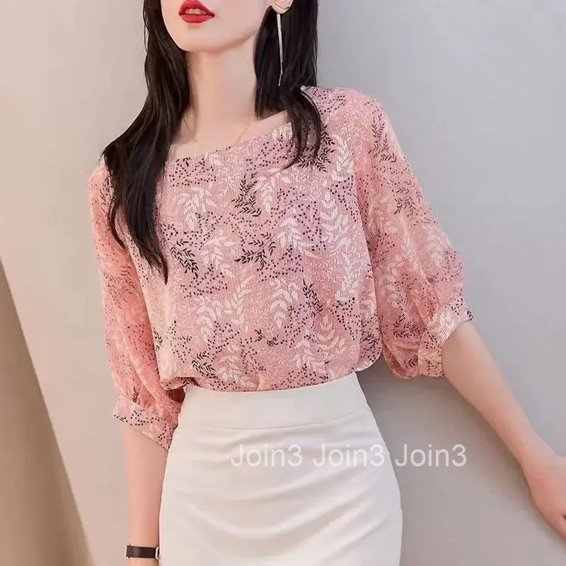 Chiffon Female Tops Satin with Print Pink Silk Womens Shirt and Blouse Youthful Woman Clothes Korean Popular Y2k Fashion Cool M
