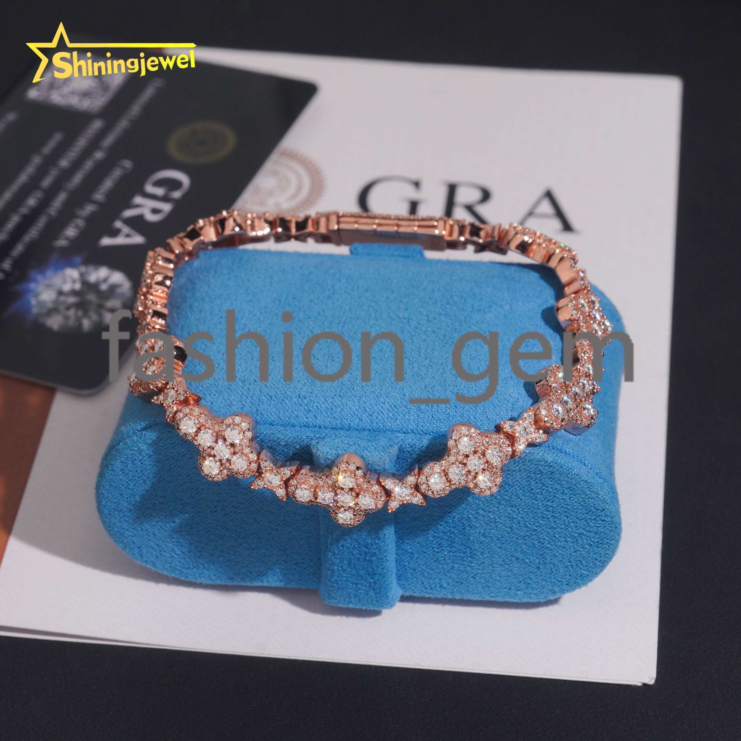 Wholesale Custom Clover Brand Elegant Four-Leaf Clover 925 Silver Gold Plated 10mm Cross Moissanite Bracelet