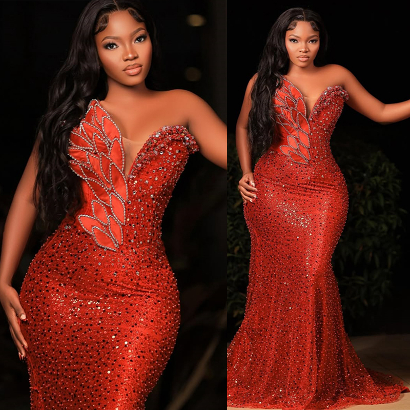 2025 Plus Size Wine Red Aso Ebi Prom Dress Mermaid Prom Dresses Evening Formal Gowns One Shoulder Sequined Lace Flora Birthday Dress Second Reception 