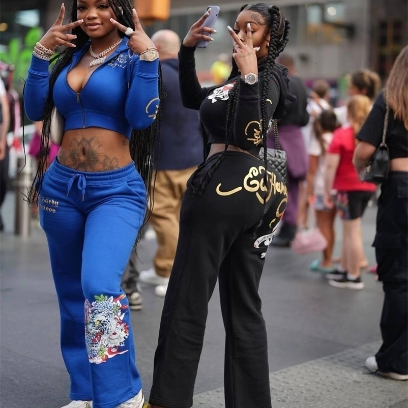 Trendy Street Skull Love Print Basic Zipper Short Cardigan High Waist Straight Trousers Two-piece Set for Women 250617