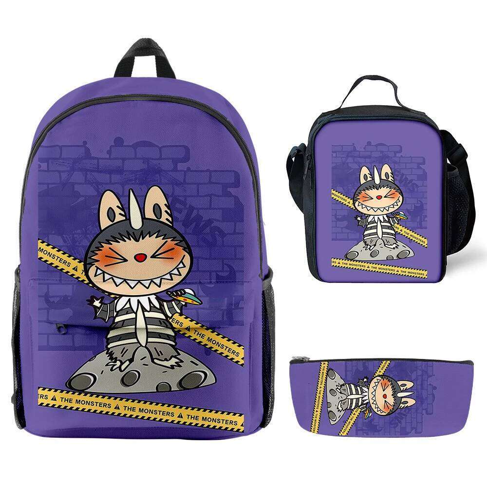 Novelty Cool Labubu 3D Print 3Pcs/Set Student School Bags Laptop Daypack Backpack Crossbody Lunch Bag Pencil Case